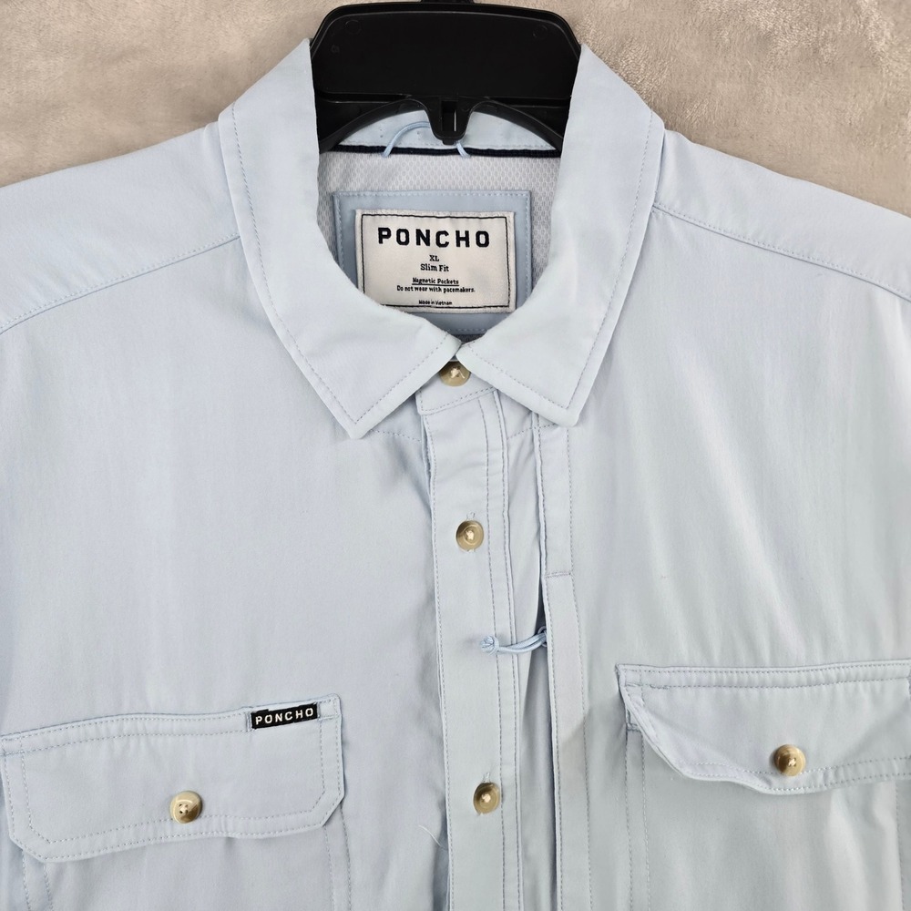 Poncho Outdoors Shirt Mens XL Light Blue Slim Fit Short Sleeve Magnetic Pockets